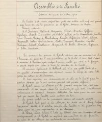 Source Archives nationales, AJ/16/1802
<br><br>
<strong> Lors de l’assemblée de la faculté du 10 octobre 1940, la loi portant statut des juifs, pourtant non-encore publiée, produit ses premières conséquences sur le corps enseignant. Albert Aftalion est le seul professeur encore présent à être touché et est contraint de quitter l’assemblée, non sans émotions. Il n’y reviendra plus avant la Libération.</strong>