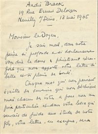 Source Archives Université Paris 1 Panthéon-Sorbonne
<br><br>
<strong>Autre forme de résistance, Jacques André Brack rejoint un maquis en Sologne le 7 juin 1944. Il est arrêté par les Allemands le 10 juin, après avoir échappé au massacre de la Ferté-Saint-Aubin. C'est son père, André Brack, qui fait le récit de cet engagement après la guerre dans cette lettre au doyen Julliot de La Morandière.</strong>