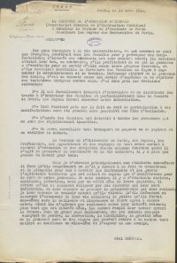 Source Archives nationales, AJ/16/7116
<br><br><strong>Comme vu dans les documents précédents, la faculté de droit de Paris est durant la guerre le théâtre d’un certain nombre d’actes de résistance. C’est pourquoi lorsque le Ministre de l’éducation Abel Bonnard adresse une circulaire au recteur de l’Académie de Paris et aux doyens des universités parisiennes, il prête un intérêt marqué à la faculté de droit en énonçant qu’il y est « particulièrement » interdit de distribuer des tracts.</strong>
