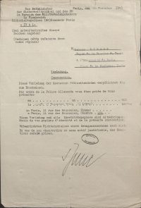 Source Archives nationales, 3W/323
<br><br>
<strong>Dernier exemple de surveillance de la faculté, le doyen Georges Ripert est convoqué par la Gestapo le 26 novembre 1943, à la suite d’un incident survenu pendant le cours du 11 novembre du professeur Raymond Monier, signalé par un informateur de la police française collaborant avec les autorités occupantes.</strong>