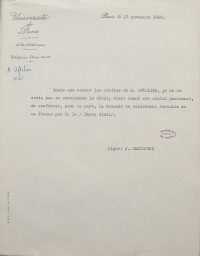 Source Archives nationales, F/17/7129
<br><br>
<strong> Le recteur de l’Académie de Paris, Jérôme Carcopino, rejette la demande d’Albert Alftalion, doublement interdit d’exercer ses fonctions. </strong>