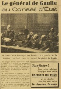Source gallica.bnf.fr / Bibliothèque nationale de France
<br><br>
<strong>En 1944, René Cassin est nommé vice-président du Conseil d’état. Il veille donc au respect de l’ordonnance rétablissant la légalité républicaine qu’il avait lui-même élaboré, témoignant de son éminence dans le cadre juridique de la libération. Il connaît par ailleurs une carrière prestigieuse : il participe notamment à la rédaction de la Déclaration universelle des droits de l’Homme de 1948, et obtient en 1968 le prix Nobel de la paix. </strong>