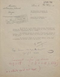 Source Archives nationales, AJ/16/6001
<br><br>
<strong>Après l’approbation par la faculté de Droit en 1951 de la demande d’honorariat de Gilbert Gidel, le ministère refuse pendant plusieurs années de prendre le décret correspondant. Jean Sarrailh, recteur de Paris, finit par préciser que l’honorariat est accordé à Gidel comme professeur, mais pas comme recteur. Le décret est finalement signé le 15 juillet 1958, mais n’est publié que le 6 septembre 1958, après le décès de Gidel le 22 juillet. Une mention (« on a attendu qu'il soit mort ») dans cette correspondance suggère que la publication a été délibérément différée jusqu’à son décès.</strong>