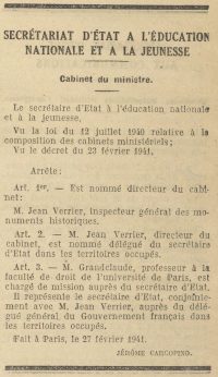 Source gallica.bnf.fr / Bibliothèque nationale de France
<br><br>
<strong>Maurice Grandclaude, professeur d'histoire du droit à la faculté de droit de Paris, est chargé de mission auprès du cabinet de Jacques Chevalier, successeur de Georges Ripert au secrétariat d’État à l’Instruction publique. Sa nomination illustre la continuité de l’implication de certains membres de la faculté dans les structures du régime de Vichy, y compris après le départ de Ripert.<strong>