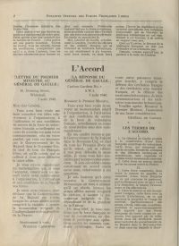 Source gallica.bnf.fr / Bibliothèque nationale de France<br/>Document numérisé <a href="https://expo-victimes-vichy-faculte-droit-paris.bibliothequecujas.fr/la-reconnaissance-du-general-de-gaulle-par-le-gouvernement-britannique/" target="_blank">consultable ici</a>.
<br><br>
<strong> Dès l’été 1940, René Cassin œuvre en Angleterre à la légitimation par le droit de la France libre. Il est le principal architecte de l’accord conclu entre le général de Gaulle et Winston Churchill. Il s’agit du premier élément d’un long travail visant à contester la légitimité juridique du régime de Vichy et qui permet à la Résistance d’incarner la continuité républicaine de l’état Français, et non d’être vue comme une simple force dissidente. </strong>