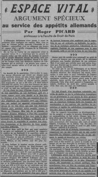 Source gallica.bnf.fr / Bibliothèque nationale de France
</br></br>
<strong>Dès 1939, Roger Picard publie dans la presse française des articles critiquant la théorie de l’« espace vital », utilisée par des juristes allemands pour justifier la politique à la fois expansionniste et raciste du régime hitlérien.</strong>