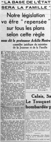 Source gallica.bnf.fr / Bibliothèque nationale de France
<br><br>
<strong>Sur un autre niveau, d'autres professeurs sont impliqués dans les institutions publiques de Vichy. Achille Mestre, membre du Conseil national chargé de la rédaction de la nouvelle Constitution et conseiller juridique auprès du ministère de la Jeunesse et de la Famille, s'exprime dans une interview au <em>Petit Parisien</em> en reprenant des éléments de langage conformes à l’idéologie de Vichy. Déjà familier de l’Allemagne depuis le début du XXe siècle, il séjourne à Berlin au printemps 1942, où il rencontre Wilhelm Stuckart, l’un des principaux juristes du régime nazi.<strong>