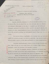 Source Archives nationales, F/17/7129
<br><br>
<strong>Juliot de la Morandière, nouveau doyen de la faculté de Paris, sollicite auprès du Ministre de l’Éducation nationale la prolongation des fonctions d’Albert Aftalion malgré son âge, en raison du préjudice subi durant la guerre, l’empêchant d’exercer son titre de professeur. </strong>