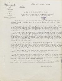 Source Archives nationales, AJ/16/7116
<br><br><strong>Lorsque Joseph Barthélemy reprend ses fonctions de professeur après avoir été Ministre de la justice de Vichy entre 1941 et 1943, ce dernier fait face à de vives protestations de la part des étudiants. Ces derniers l’insultent « d’assassin » et le couvrent d’un drapeau nazi. L’ensemble des étudiants ne prend toutefois pas part à la protestation. On apprend dans ce rapport du doyen de la faculté adressé au recteur de l’Académie de Paris que certains étudiants auraient défendu Joseph Barthélemy et qu’il aurait été applaudi à la fin de son cours, témoignage du clivage entre des étudiants exprimant avec véhémence leur opposition au régime de Vichy et des étudiants adhérant à son idéologie. Ce récit des faits peut toutefois être questionné : tout au long de la guerre, le doyen Georges Ripert minimise souvent les incidents qui se produisent au sein de la faculté de droit.</strong>