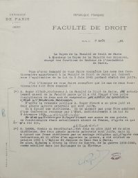 Source Archives nationales, AJ/16/1729
<br><br>
<strong>Suite à la parution du second statut des Juifs, l'administration demande un nouveau point à la faculté sur ses personnels. Le doyen de la faculté de droit G. Ripert y répond en signalant deux personnes qui ne l'avaient pas été auparavant, MM. Picard et Bassa.</strong>