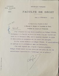 Sources Archives nationales, AJ/16/6119
<br><br>
<strong>R. Picard ayant été suspendu pendant deux ans, ce n'est qu'ensuite, soit en 1942, que le statut des Juifs lui est appliqué. G. Ripert le signale donc au recteur, mais note que le professeur ne s'est pas représenté à la faculté depuis la fin de sa suspension.</strong>