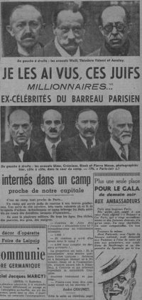 André Chaumet, « Je les ai vus, ces juifs millionnaires… Ex-célébrités du barreau parisien », Paris Soir, 2e année, no 428, 12 septembre 1941