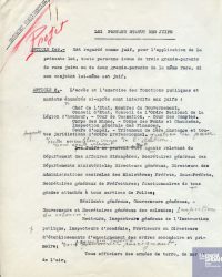 Source Mémorial de la Shoah, Paris (France)<br/>Document numérisé <a href="https://expo-victimes-vichy-faculte-droit-paris.bibliothequecujas.fr/projet-de-statut-des-juifs-annote-par-petain/" target="_blank">consultable ici</a>.
<br><br>
<strong>La version initiale du premier statut des Juifs ne mentionnait pas les enseignants, mais Pétain lui-même les ajoute à la liste des fonctions publiques interdites aux Juifs.</strong>