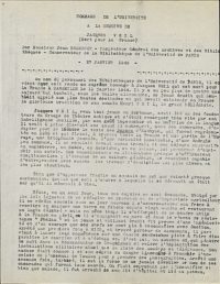 Source Archives Université Paris 1 Panthéon-Sorbonne
<br><br>
<strong>Un hommage est rendu publiquement par l’Université à Jacques-Jules Veil le 27 janvier 1949. Fait notable, il est fait mention dans cet hommage des « lois injustes » qui l’ont éloigné de l’université – rappel implicite de sa judéité, souvent omise dans les hommages aux résistants.</strong>